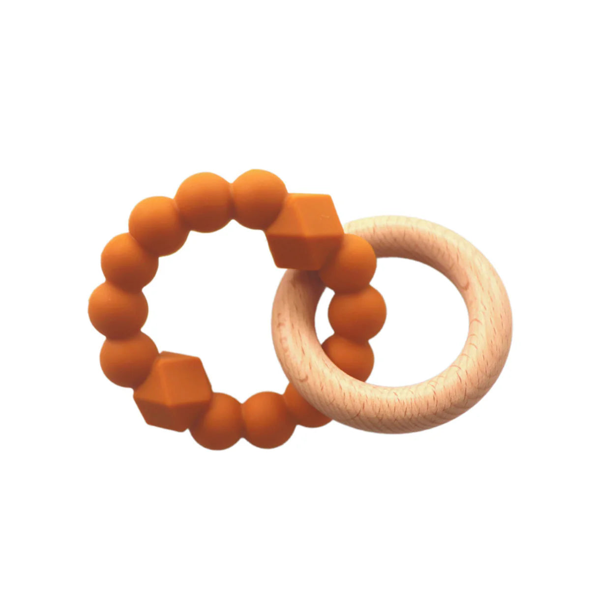 Two linked baby teething rings, one wooden and one orange silicone with rounded and faceted beads
