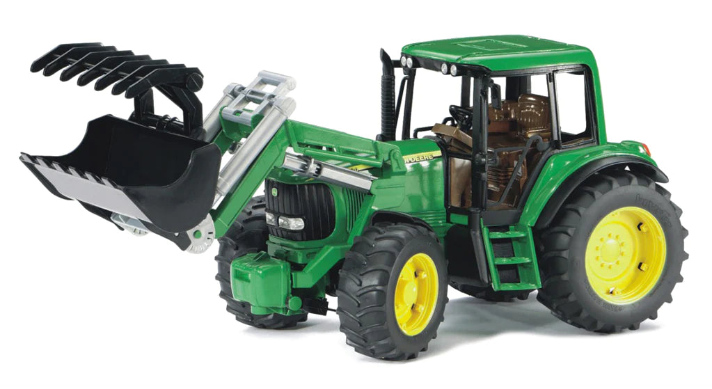 John Deere 6920 & Frontloader toy tractor with removable front loader, detailed engine hood, and steering rod on sliding roof.