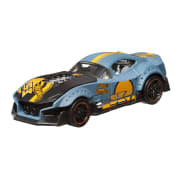 Hot Wheels Pullback Speeders blue die-cast car with yellow and black racing decals and detailed design.