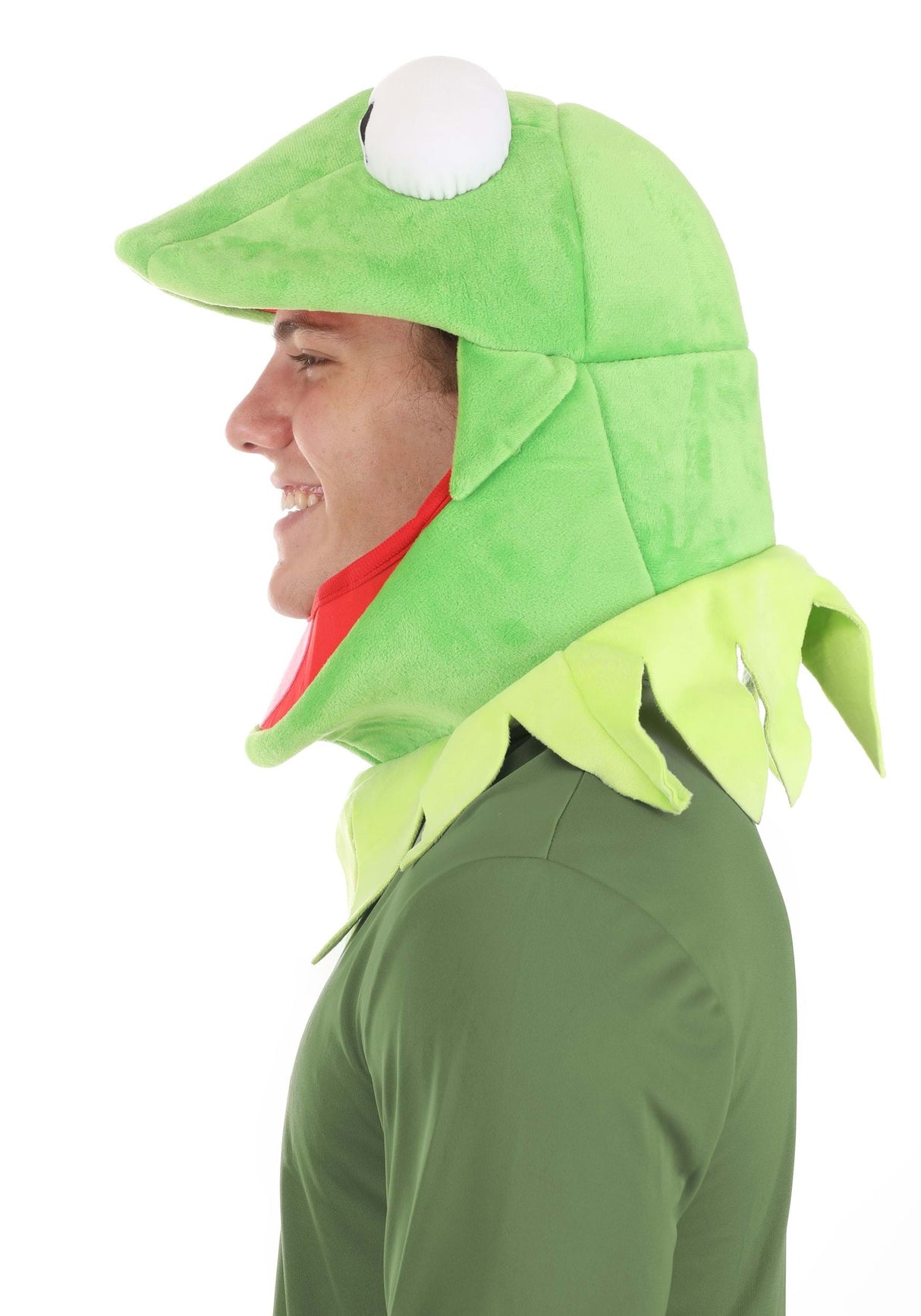 Side view of a person wearing the green Kermit Jawesome Hat & Collar Kit with soft sculpted eyes and jagged collar.