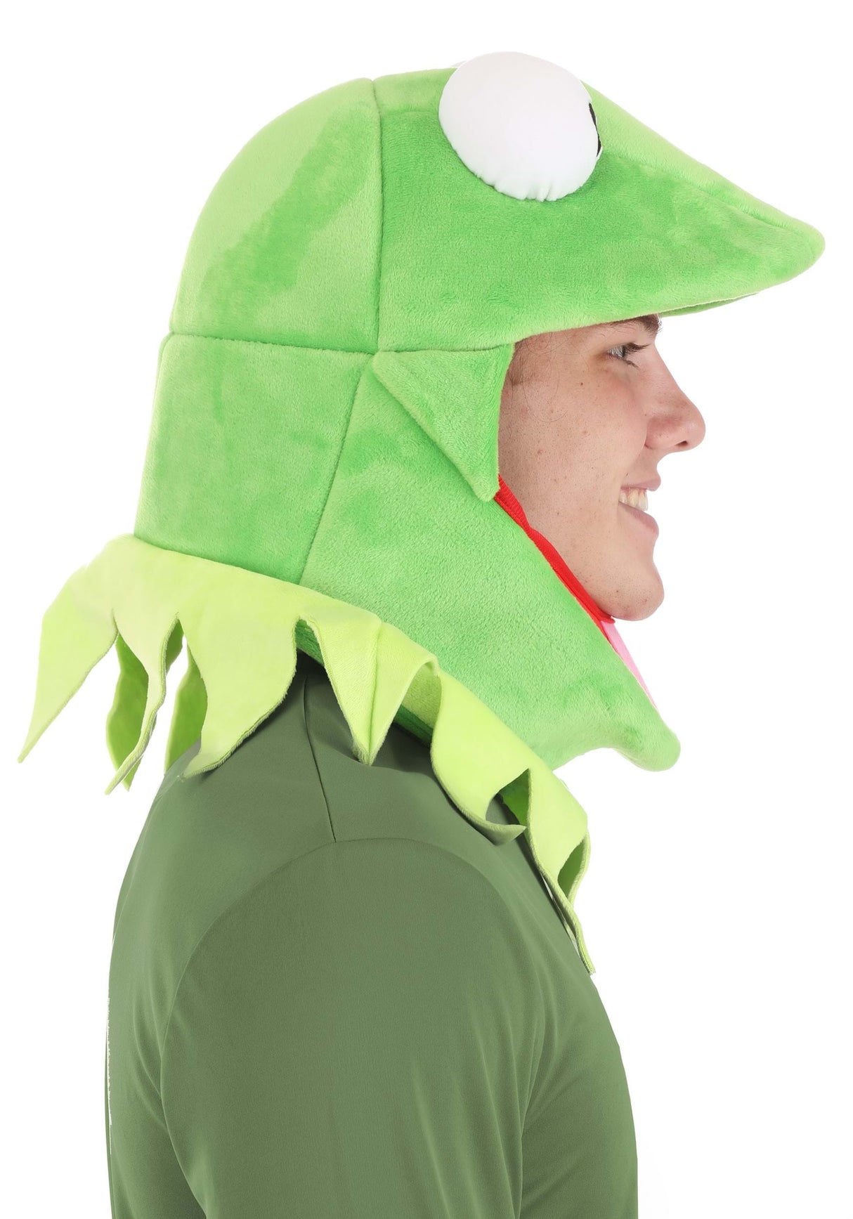 Kermit Jawesome Hat & Collar Kit in green polyester velour with soft sculpted eyes and jagged collar worn by smiling man.