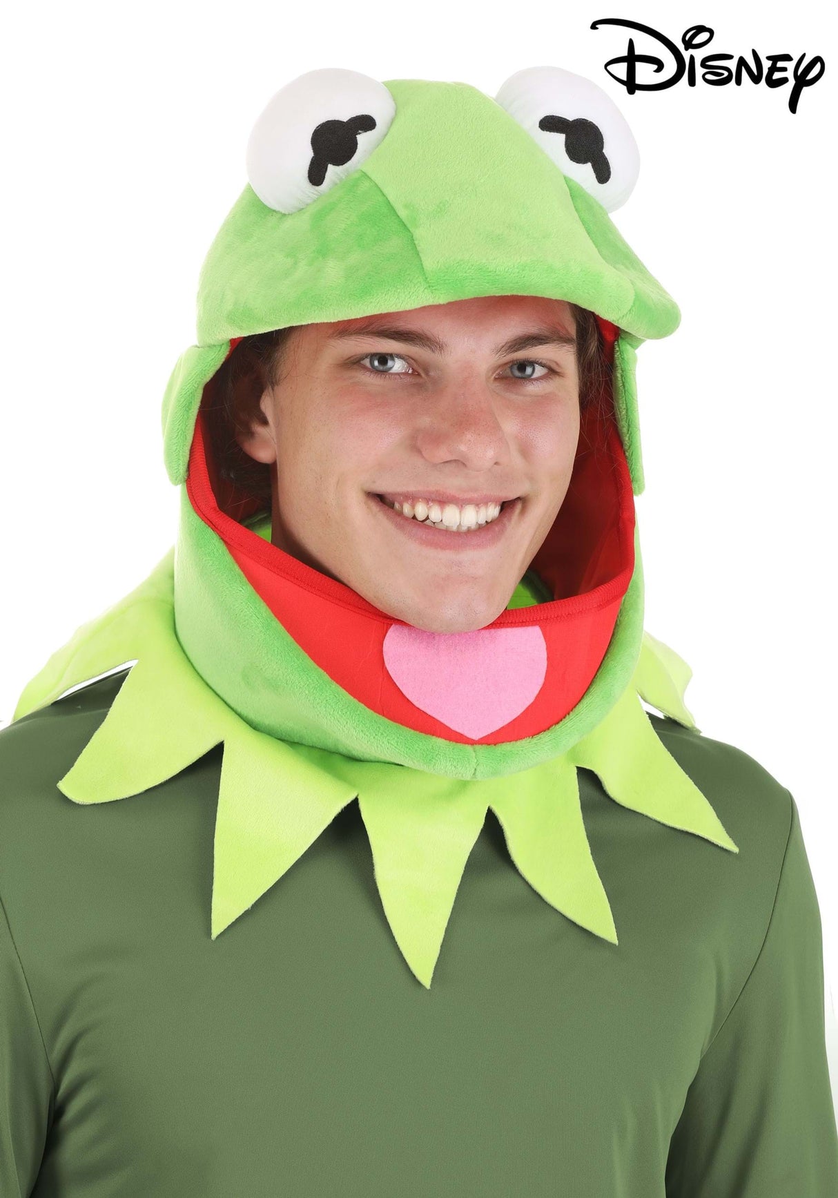 A smiling person wearing the Kermit Jawesome Hat & Collar Kit with soft sculpted eyes and jagged collar.