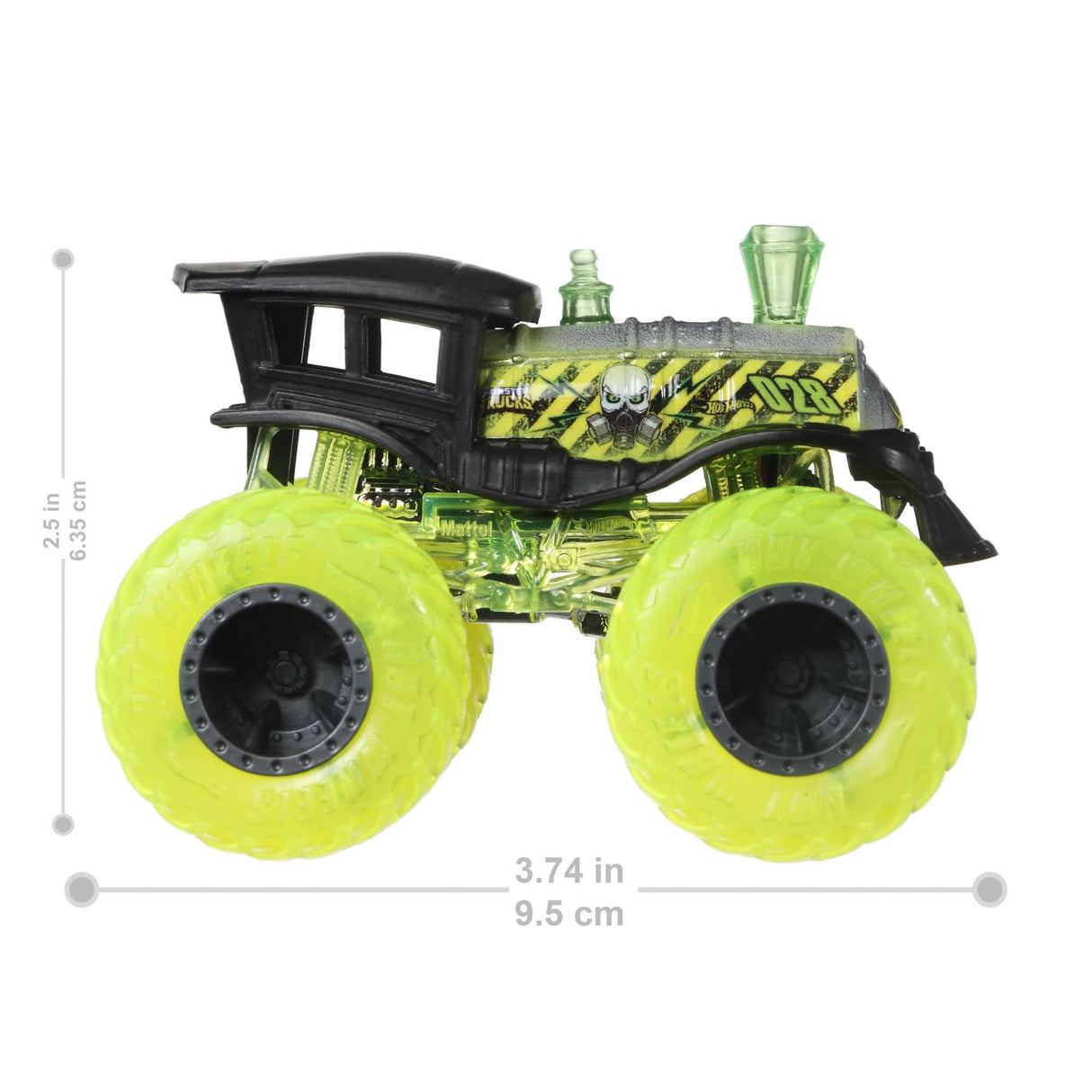 Hot Wheels Monster Truck 1:64 with bright yellow tires, detailed green and black body, and die-cast metal design.