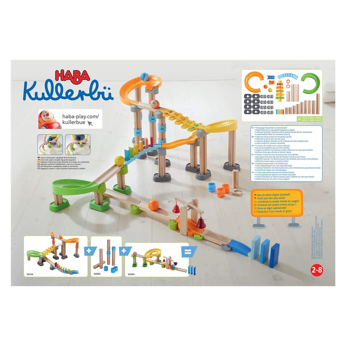 Kullerbu Melody Domino Set with colorful wooden balls rolling down a musical track and dominoes for kids 2-8.