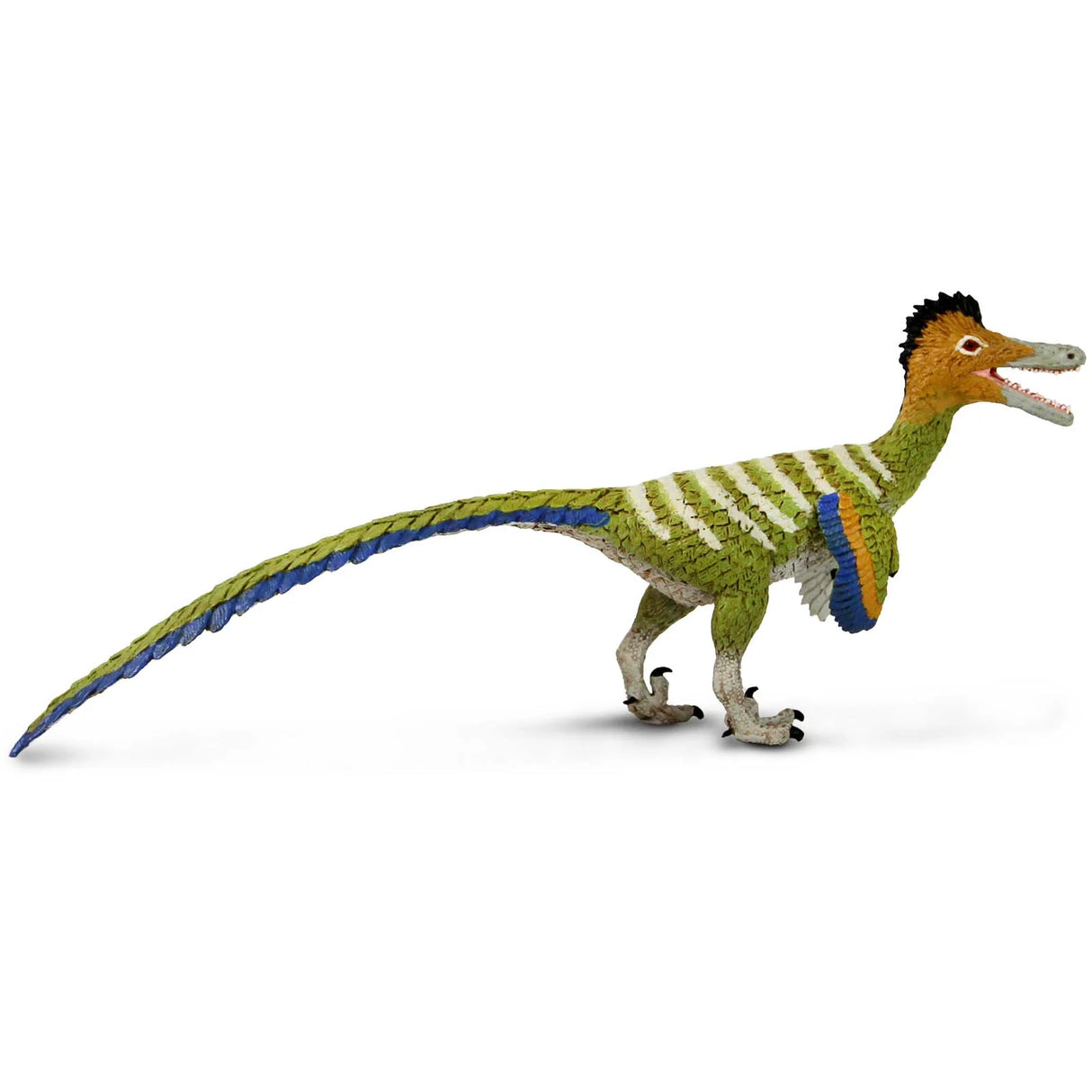Austroraptor toy dinosaur figure with green, blue, and cream feathers, realistic slender build and black feathered crest.