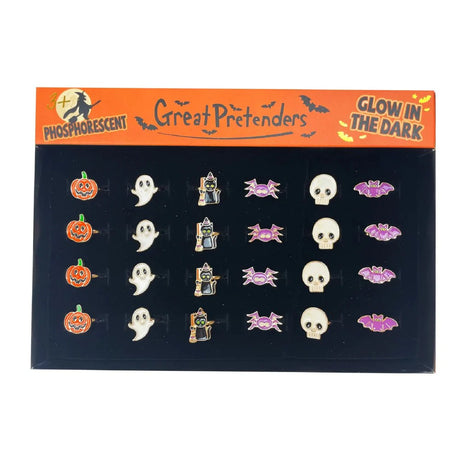 Spooky Wooky Halloween Ring set featuring glow in the dark pumpkin, ghost, witch, candy, skull, and bat designs.