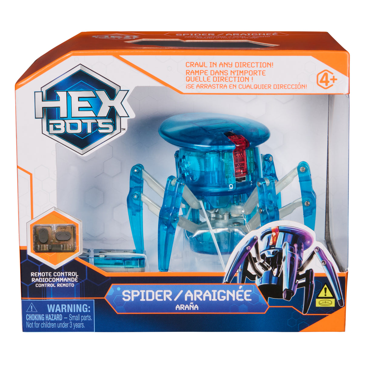 Packaged blue remote control Hex Bots mechanical spider toy designed to crawl in any direction for kids ages four and up