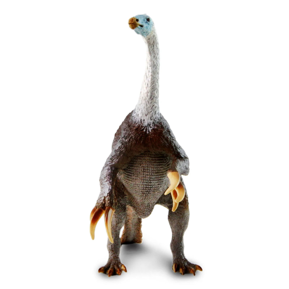 Therizinosaurus toy dinosaur figure with long neck, feathered body, and oversized claws, detailed and accurate sculpt.
