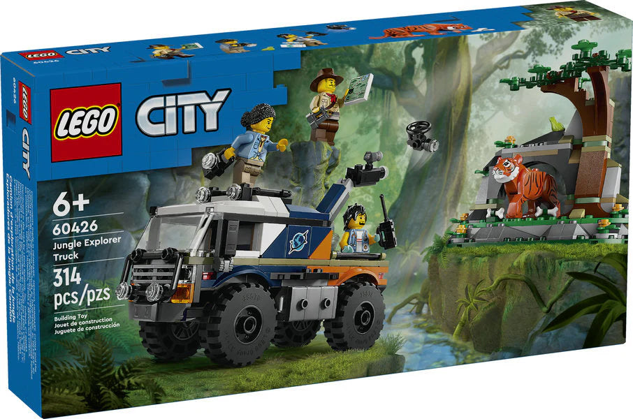 LEGO City Jungle Explorer Off-Road Truck with rugged tires, camera boom, minifigures, and a tiger in jungle setting.
