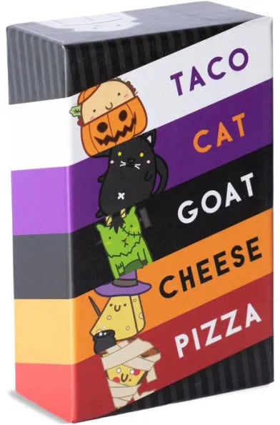 Taco Cat Goat Cheese Pizza Halloween Special Edition card game box with festive character costumes on striped background.