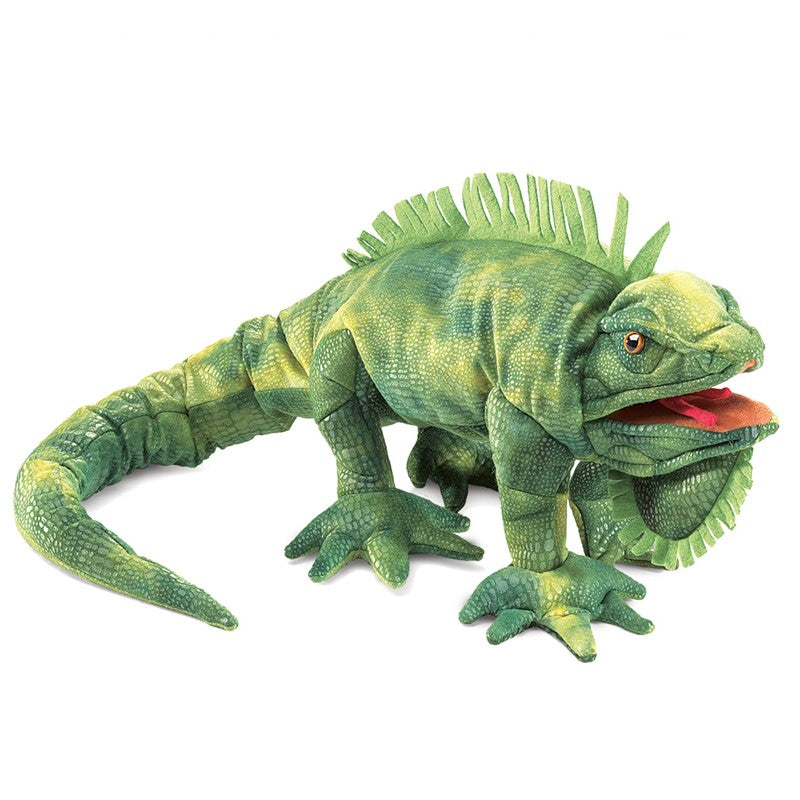 Iguana Puppet with soft scaly texture, movable jaws, tongue, and front feet, perfect for lizard lovers and kids ages 3 and up.