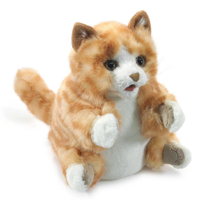 Soft striped fur and wiggly whiskers on the Kitten Orange Tabby Puppet, perfect for playful kids aged 3 and up.