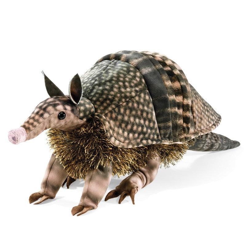 Armadillo Puppet soft-boa fabric toy with detailed patterns, magnetic curl design, and articulated legs and head for play.