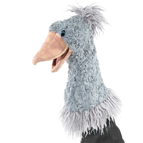 Shoebill Bird Stage Puppet in gray-blue plush with expressive eyes and feathery details, perfect for imaginative play.