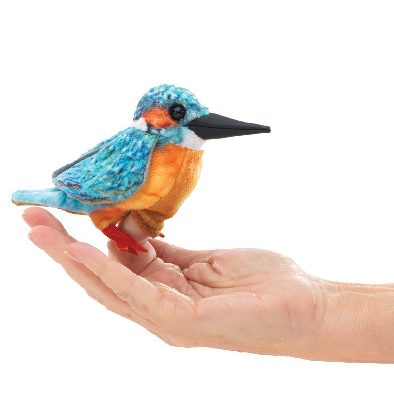 Common Kingfisher Finger Puppet showing vibrant blue and orange colors held gently in an adult hand.