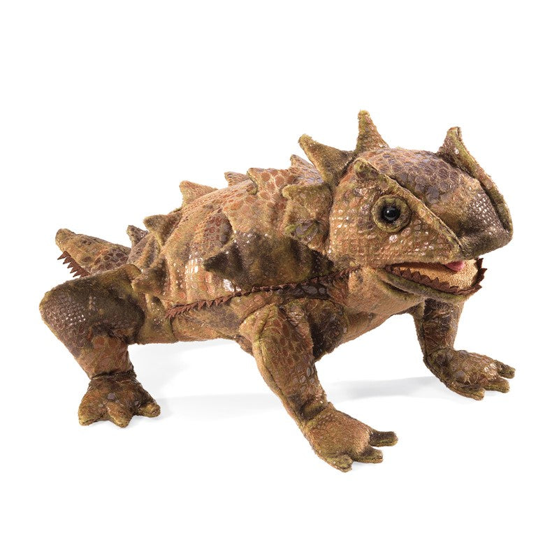 Horned Lizard Puppet with movable mouth and forelegs, textured like a desert reptile, 13" long for lifelike play.