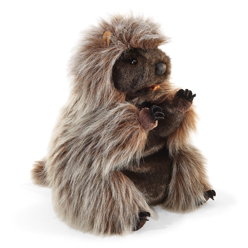 Standing Porcupine Puppet with soft brown fur and a playful seated pose