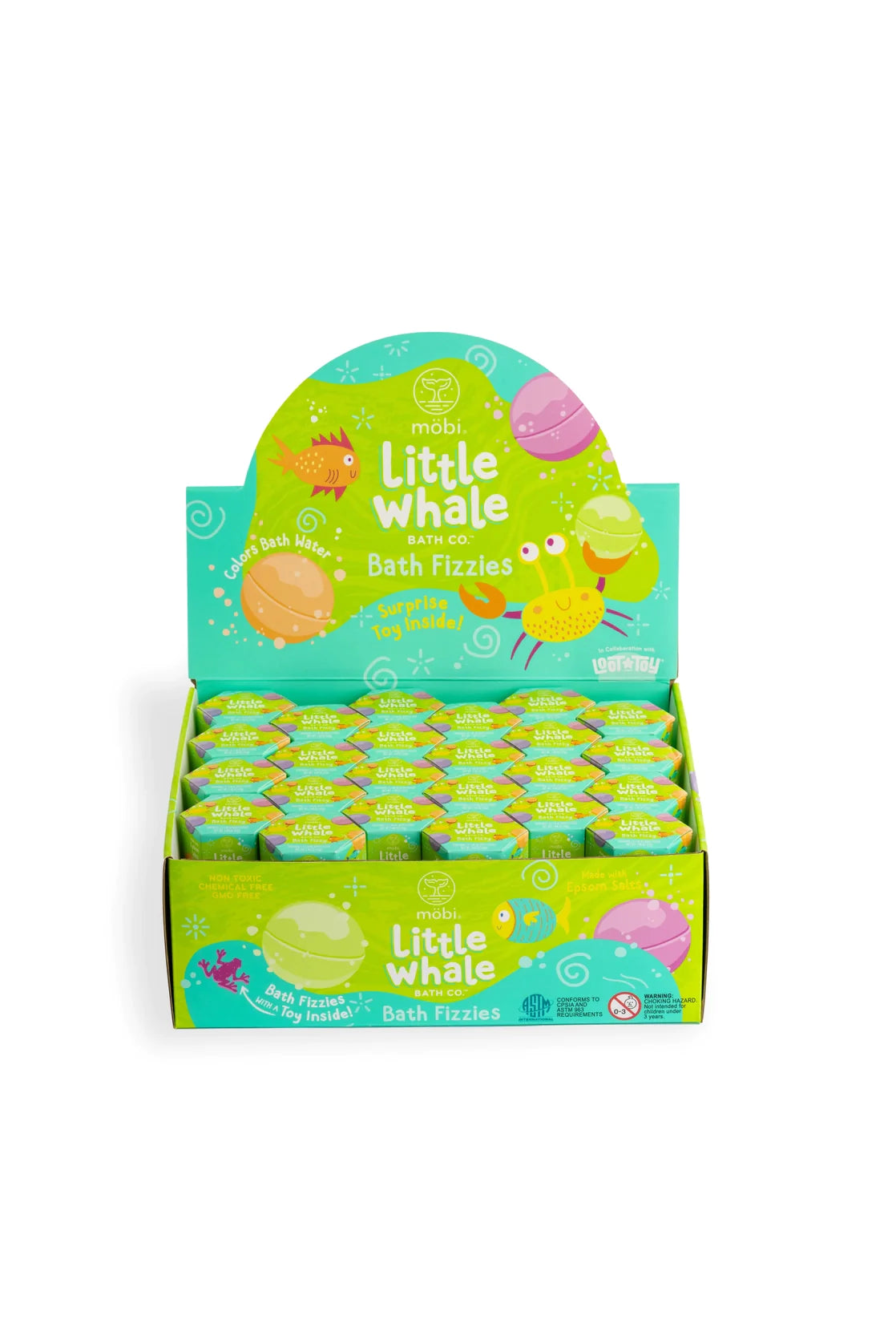 Display box of Little Whale Bath Co Bath Fizzy featuring colorful packaging with sea creature illustrations and surprise toys inside.