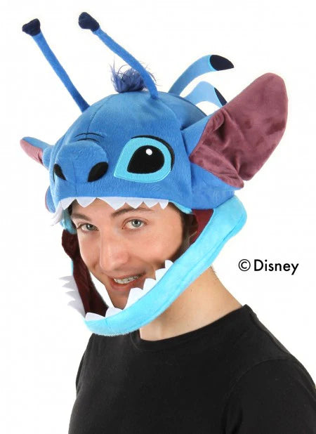 Man wearing the Disney Stitch Jawesome Hat with plush ears, antennae, and an adjustable inner size for comfort.