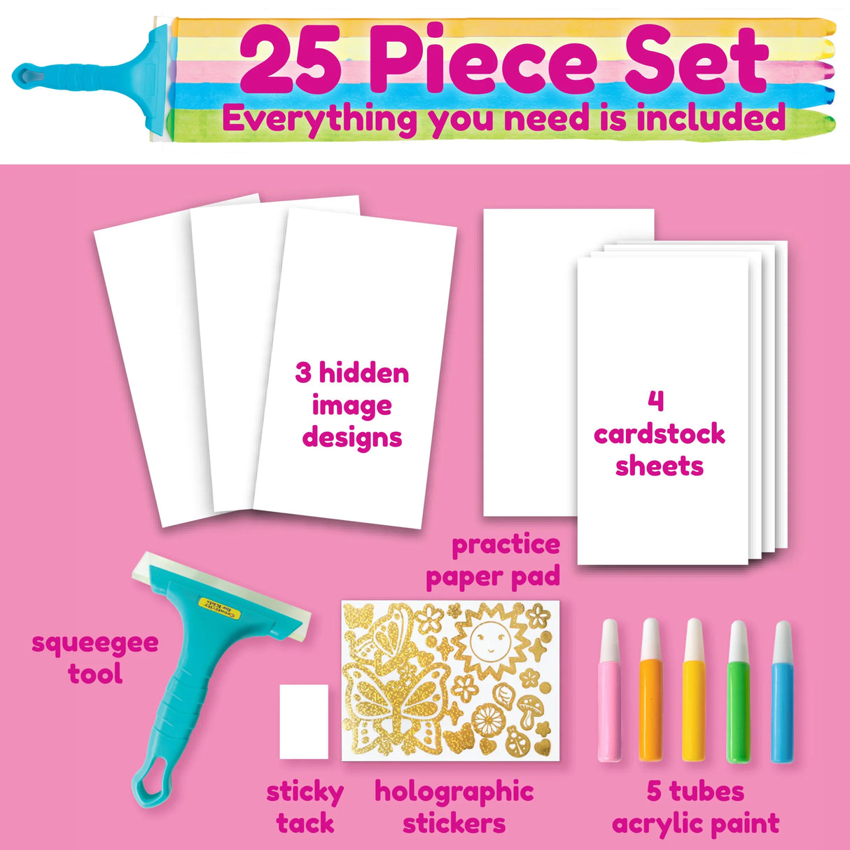 Squeegeez Magic Reveal Art Butterfly 25-piece set with squeegee, paint tubes, cardstock, stickers, and practice paper pad.