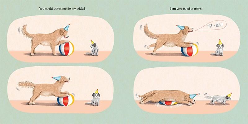 Illustration of a big dog and small dog wearing party hats playing with a ball in four playful scenes