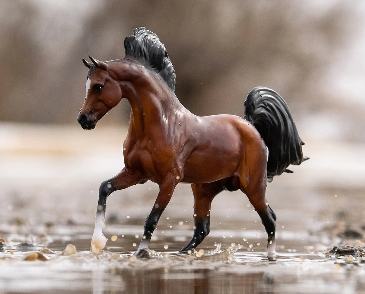 Mahogany Bay Arabian model horse standing in shallow water with detailed coat and flowing black mane and tail.