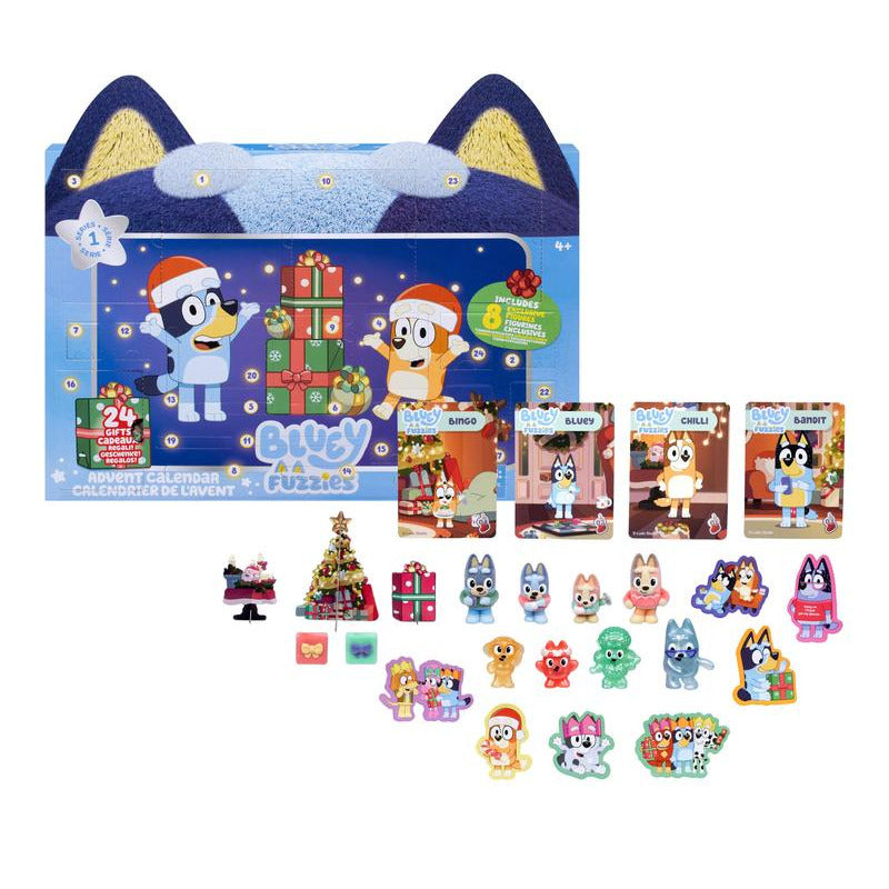Bluey Fuzzies Advent Calendar with colorful Bluey character figures and festive holiday surprises