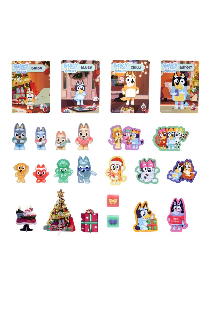 Bluey Fuzzies Advent Calendar with Bluey character panels, collectible figures, and festive accessories displayed below