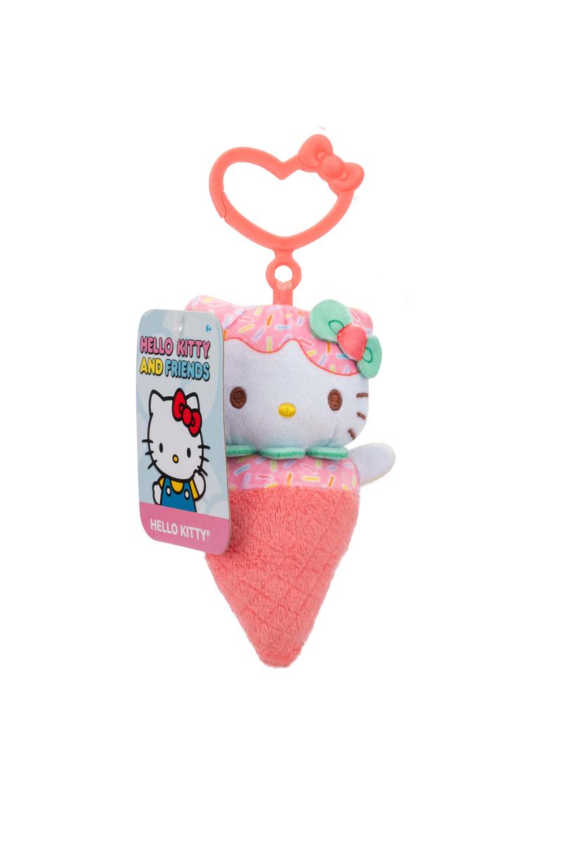 Hello Kitty and Friends Clip plush in pink ice cream cone design with heart-shaped clip and bow accessory
