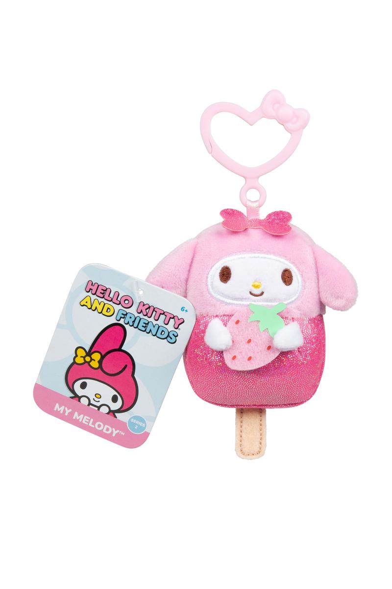 Hello Kitty and Friends Clip featuring My Melody plush in a pink ice cream popsicle design with heart-shaped clip.