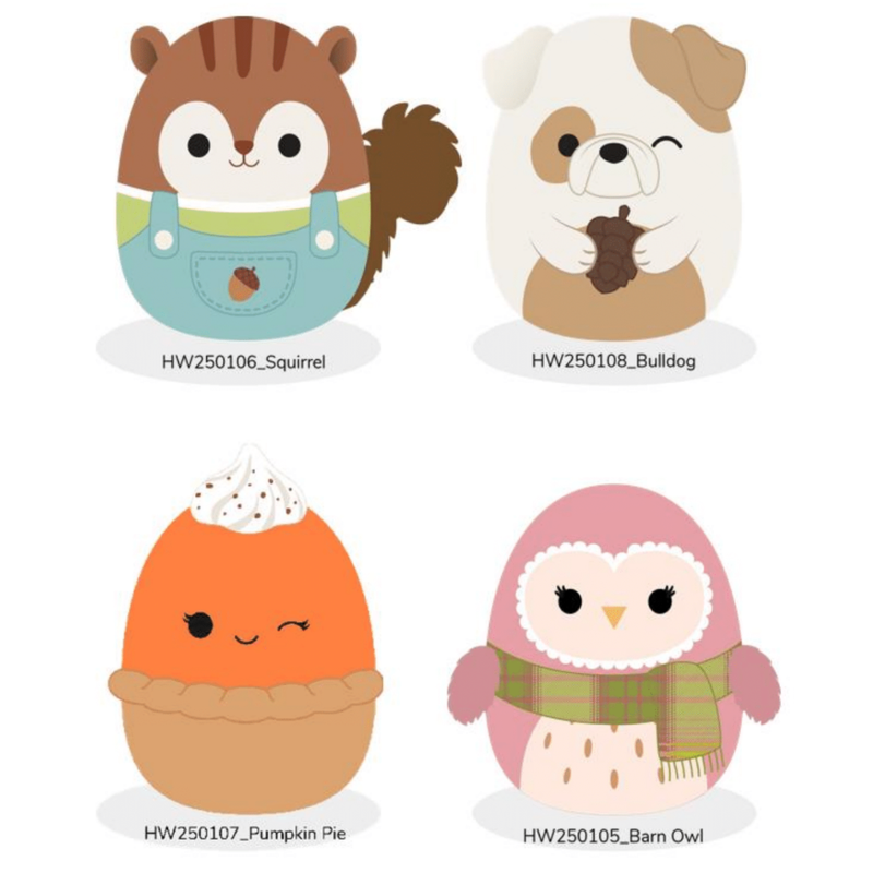 Four Squishmallows Harvest 8-inch plush toys featuring a squirrel, bulldog, pumpkin pie, and barn owl in fall colors