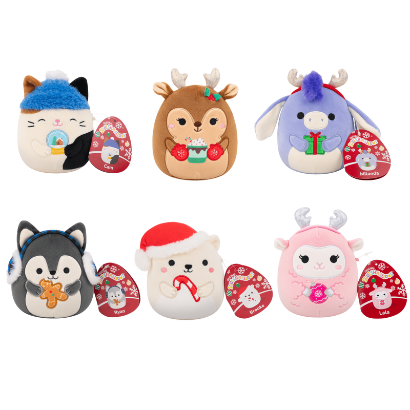 Six plush holiday characters with festive details and cozy winter accessories on a white background