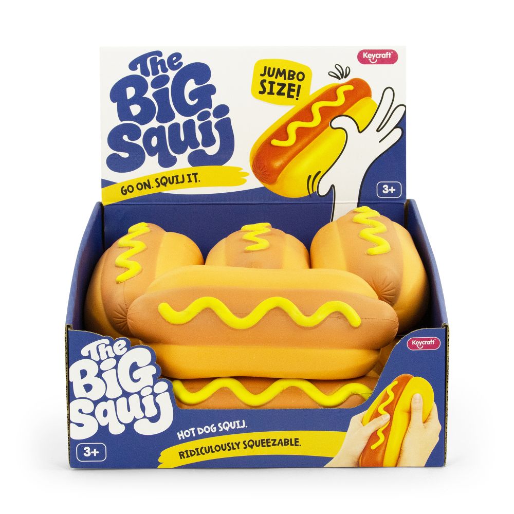 The Big Squij Hot Dog toy in a colorful display box