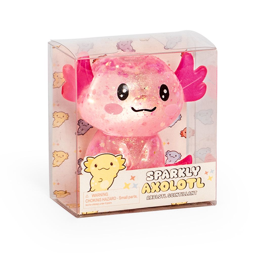 Glitter Stretch Axolotl pink sparkly axolotl toy in a clear display box
