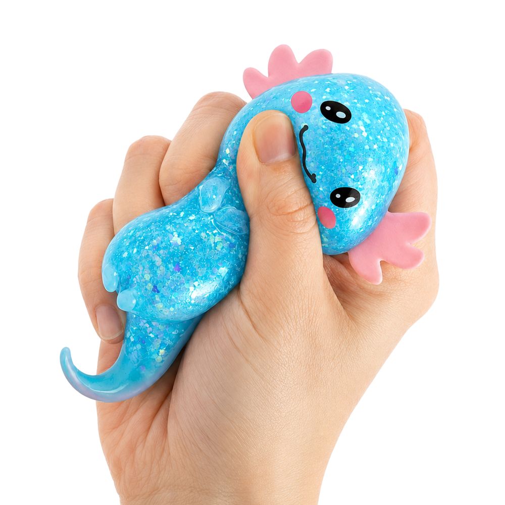 Glitter Stretch Axolotl blue sparkly toy being squeezed in a hand