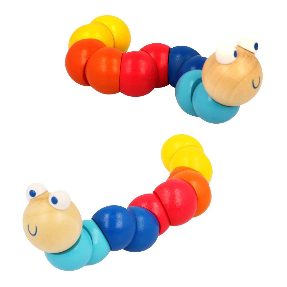 Majigg Woody the Worm colorful wooden toy with round segments and smiling face, perfect for children ages 1 and up.