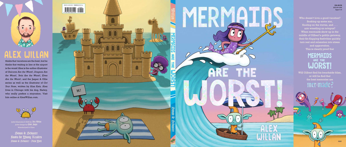 Mermaids Are the Worst! book cover showing Gilbert the Goblin and playful mermaids at the beach with a sandcastle.