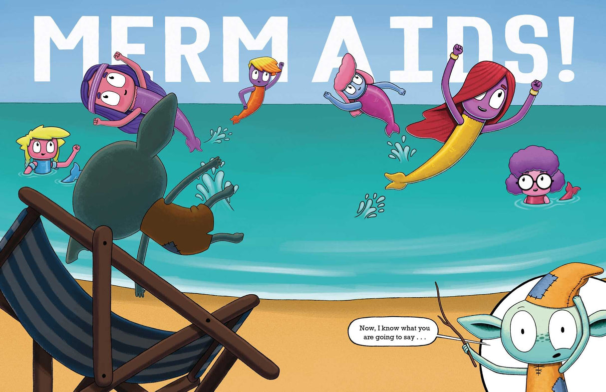 Illustration from Mermaids Are the Worst! showing Gilbert the Goblin watching playful mermaids at the beach during vacation.