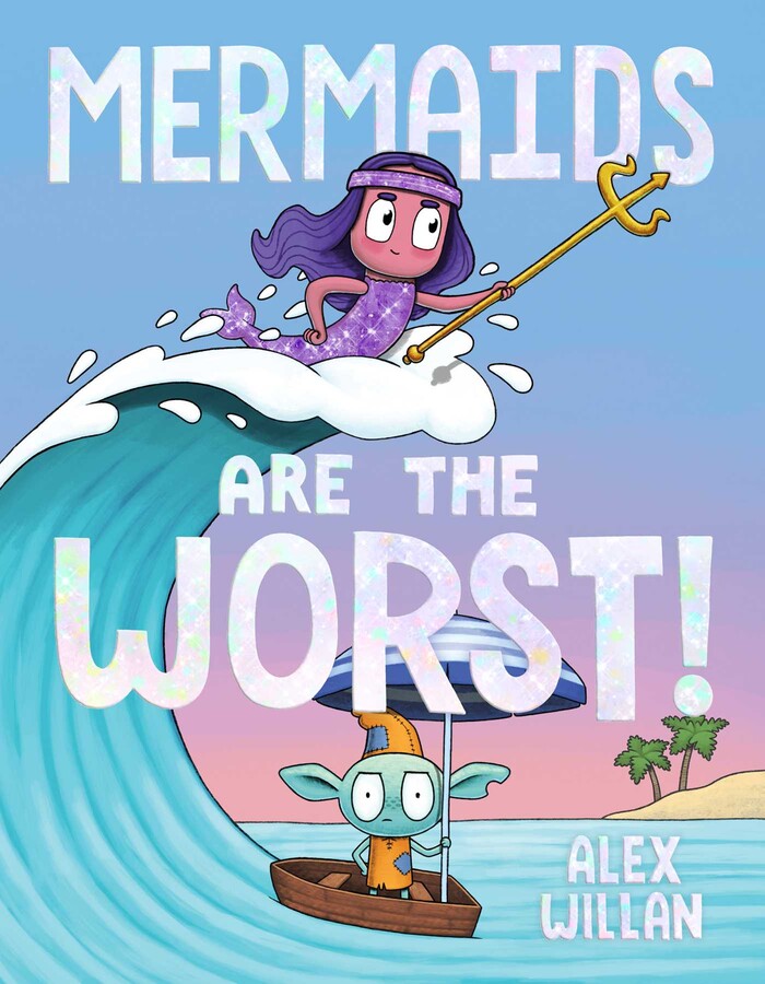Cover of Mermaids Are the Worst! shows a mermaid riding a wave and a goblin in a boat under a sunset sky.