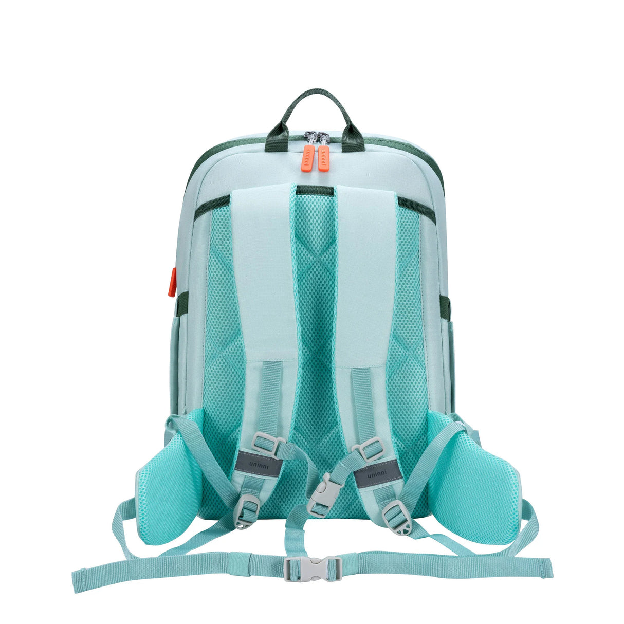 Back view of Backpack | Crisp Mint showing padded adjustable straps, waist belt, and chest strap for ergonomic support.