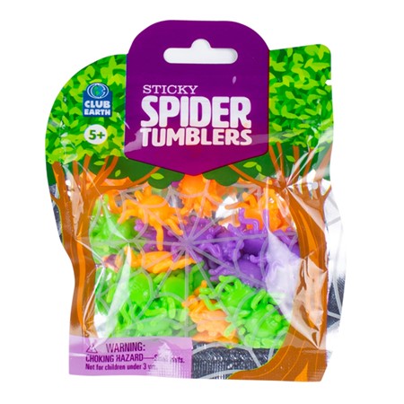 Sticky Spider Tumblers in bright colors packaged for kids to race sticky spider toys on windows, ages 5 and up.