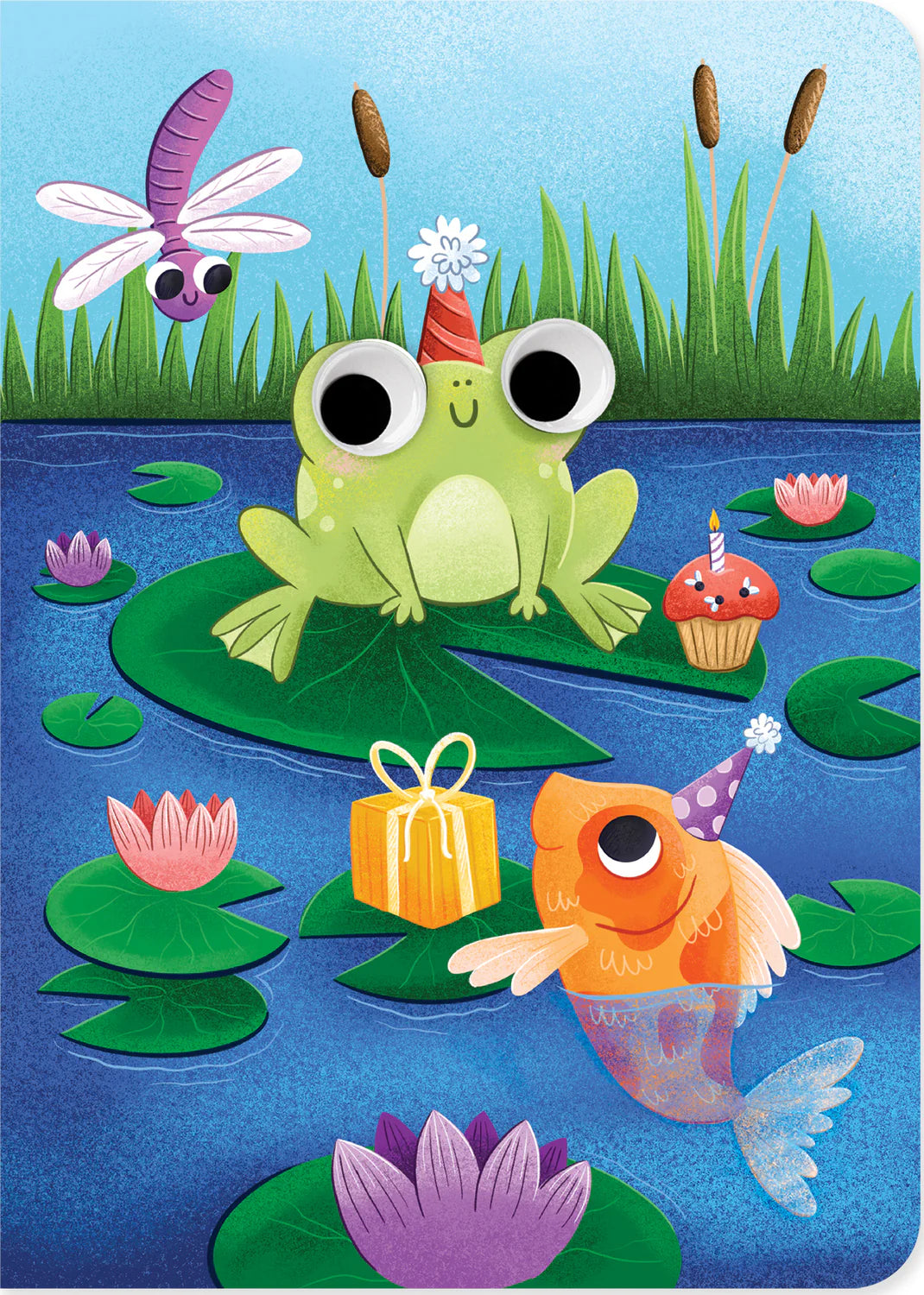 Cartoon frog with party hat and large eyes on lily pad with fish, gift box, cupcake, flowers, and dragonfly in pond