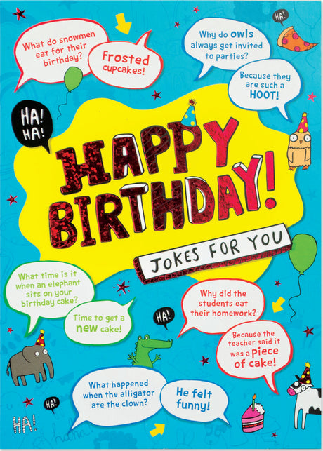 Jokes Foil Card with colorful birthday jokes and illustrations, 5x7 inches with envelope for funny birthday greetings.