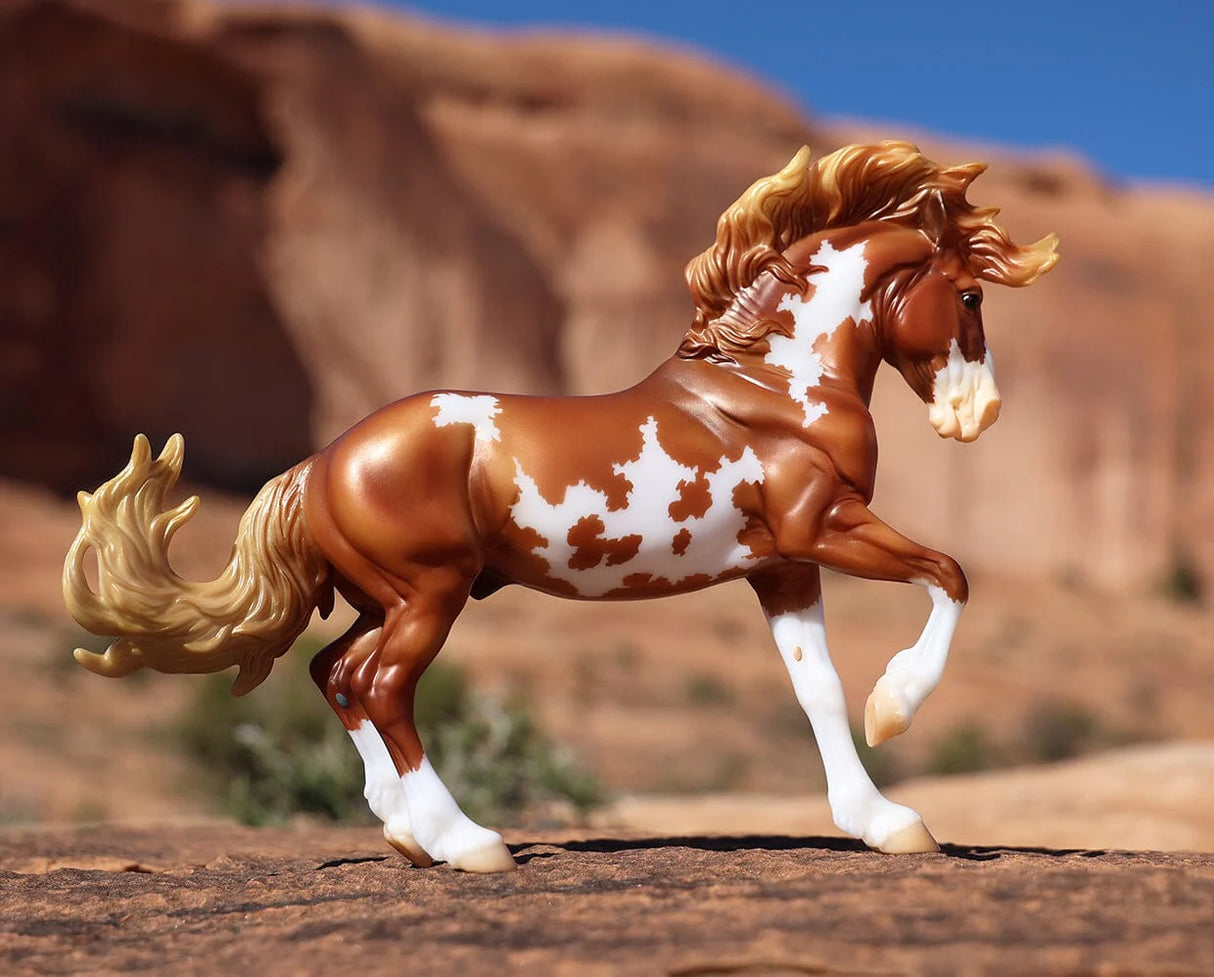 Detailed model of a Mustang horse with flowing mane and tail against a desert rock background