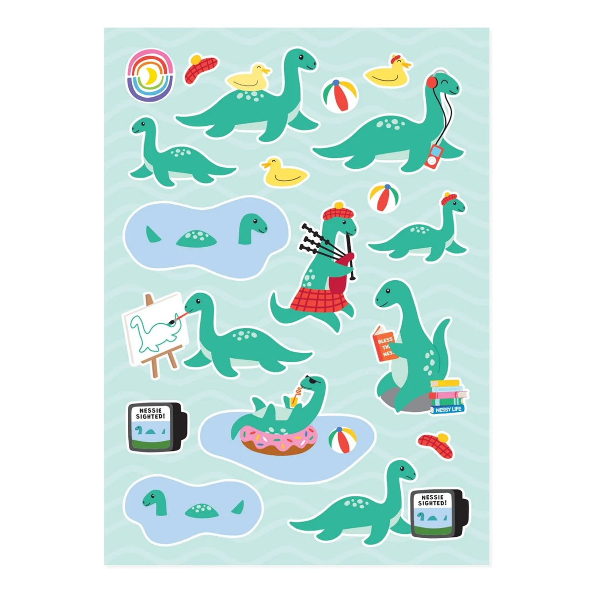 Sheet of glossy stickers featuring playful Loch Ness monster designs with ducks, beach balls, and fun accessories