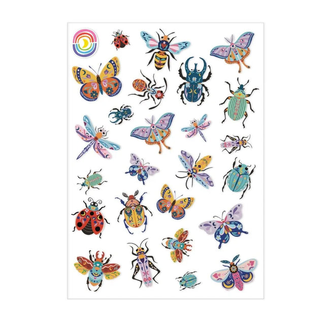 This sticker sheet measuring 4.25" x 5.8" features 25 stickers of beetles, butterflies, bees, moths, and more, all with stylish prints and patterns.