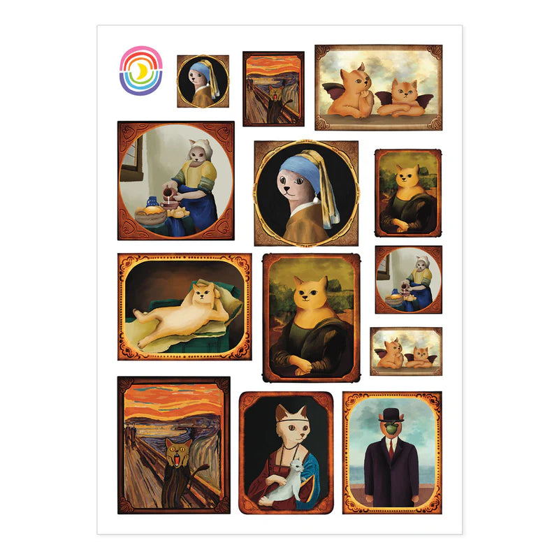 This 4.25" x 5.8" sheet features 13 stickers of art classics inspired by the Mona Lisa, Girl with the Pearl Earring, The Son of Man, and more, but replaced with cats.