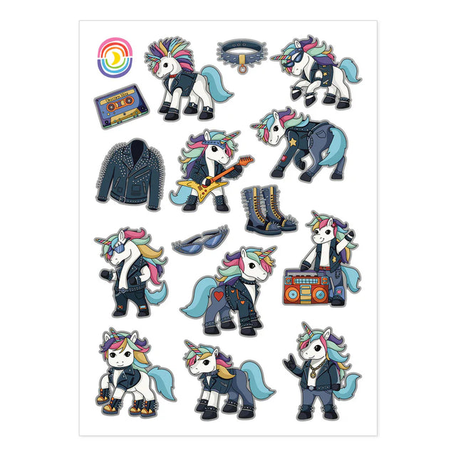 4.25" x 5.8" sticker sheet featuring 16 unicorn stickers inspired by 80's rock and roll.