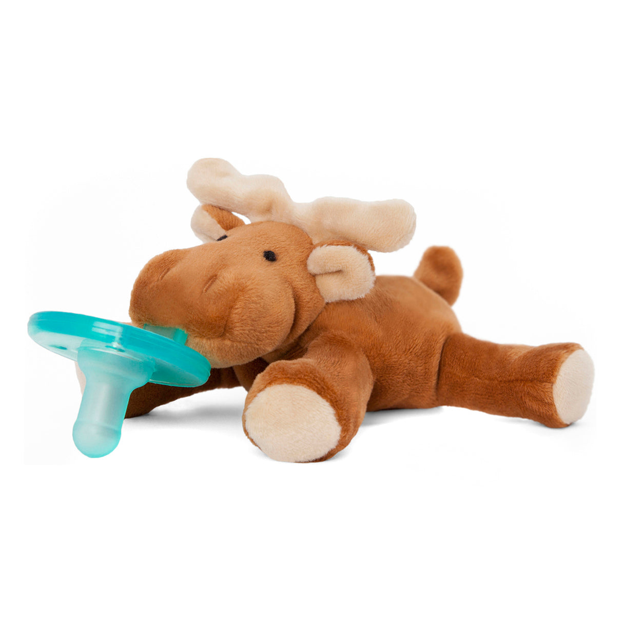 WubbaNub | Moose plush pacifier holder with soft brown moose and teal silicone pacifier for easy baby grasping.