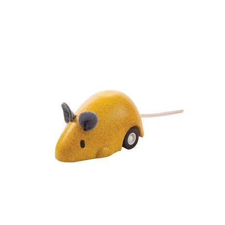 Yellow wooden Mouse Pullback toy with wheels and fabric ears for kids, designed for fun racing and playtime.